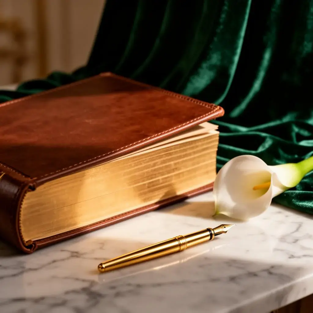 Detalhe de livro jurídico, caneta de ouro e flor branca